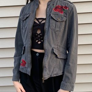 denim jacket with rose embroidery